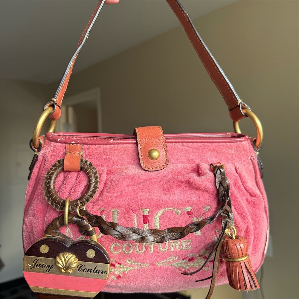 Vintage Juicy Couture pink velour Shoulder Bag Y2K w Heart Charm Tassel